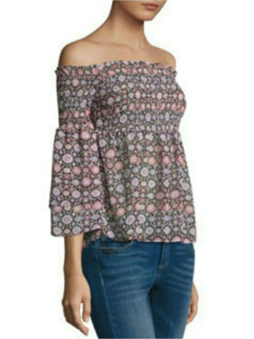 belle sky Black and Pink Off-Shoulder Floral Smocked Blouse